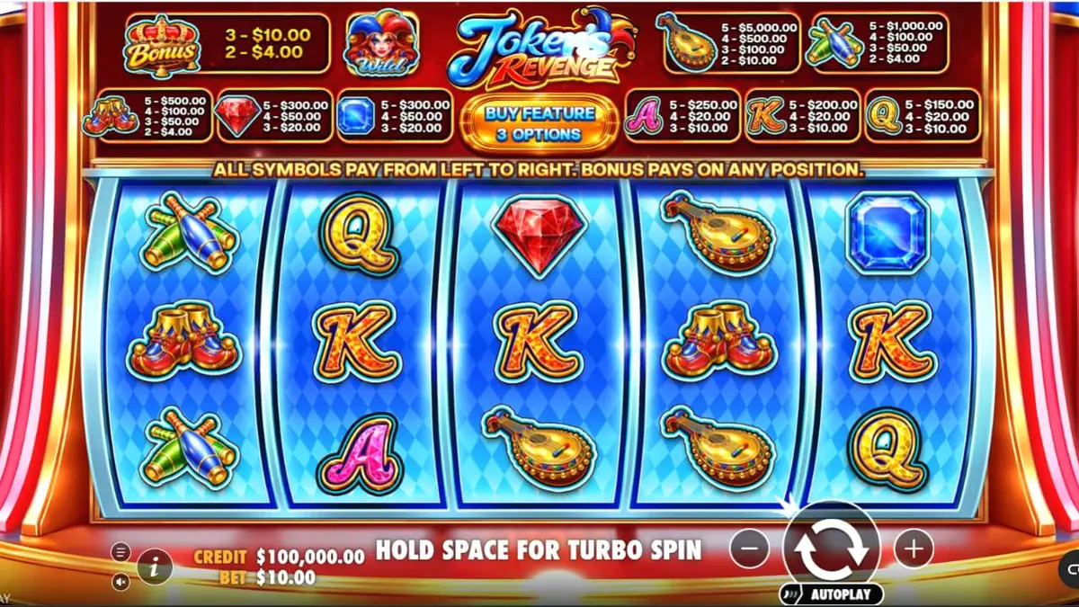 Interface vibrante do caça-níqueis Joker’s Revenge com elementos de harlequin e gemas brilhantes.