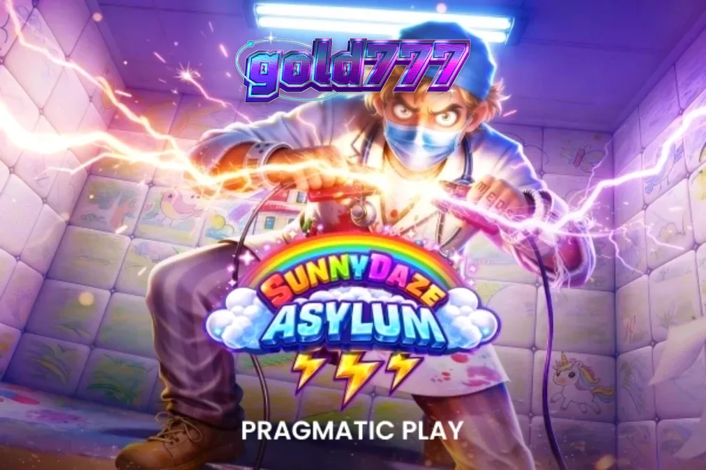 Interface colorida e caótica do slot Sunnydaze Asylum com símbolos de neon
